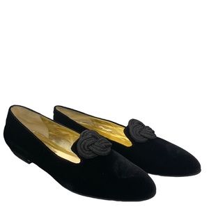 Valentina Rangoni Black Velvet + Leather Loafer Braided Knot Detail Italian Made